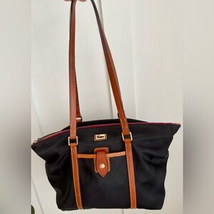 Dooney and Bourke Black Tote Bag with Camel Brown Leather Accents